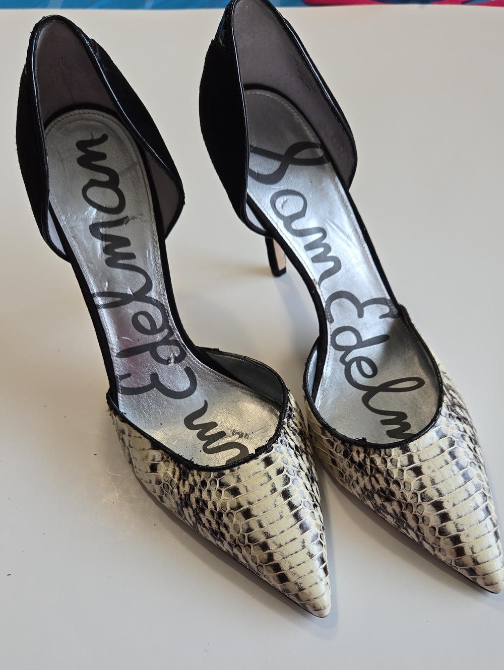 Sam Edelman Black and Cream Snake-Print D'Orsay Pumps
